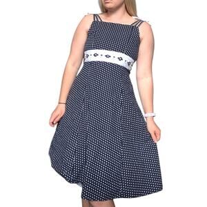Vintage Polka Dot Pin Up Dress Square Neck Floral Womens Medium Retro Navy Whtie